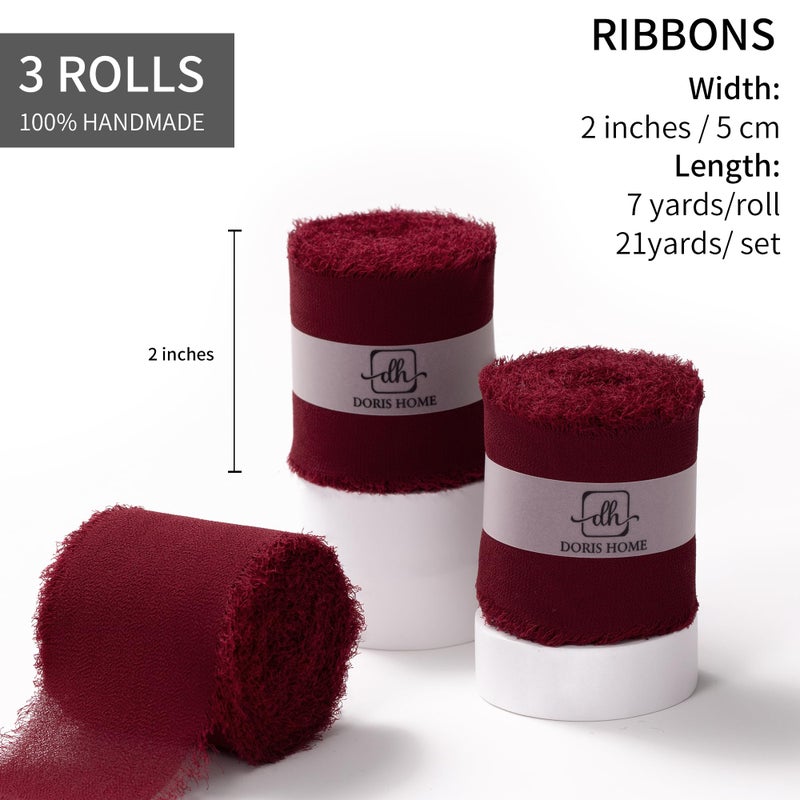 DORIS HOME Burgundy Chiffon Ribbon for Flower Bouquet, 2" x21Yd Fabric Ribbon for Gift Wrapping, Handmade Frayed Ribbon for Wedding, Chiffon Silk Ribbon for Christmas Decorations - Image 2